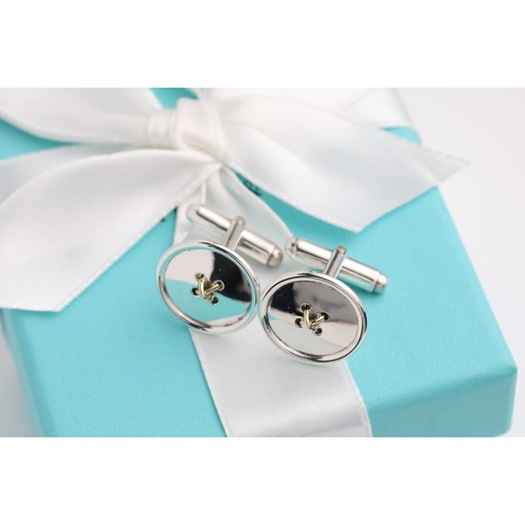 Authentic Tiffany & Co. Men's Cufflinks Button Motif in 925 Silver & 18k Gold - Picture 10 of 11